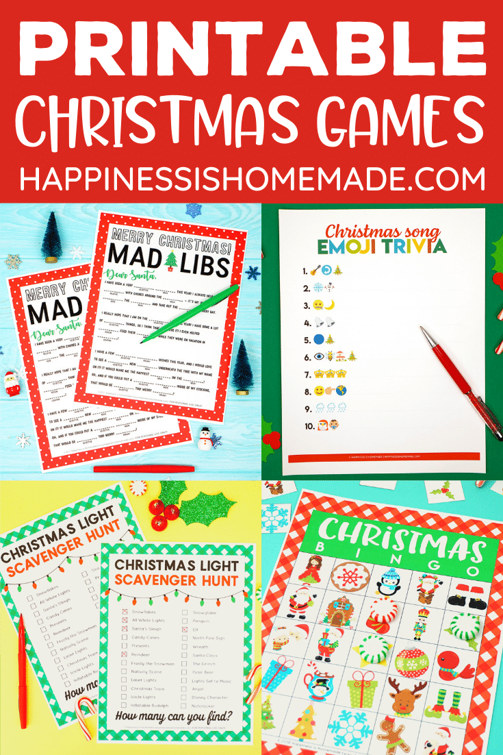 "Free Printable Christmas Games" Graphic - collage of games