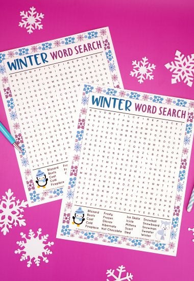 Two Winter word search printables on purple background with snowflakes and blue pens