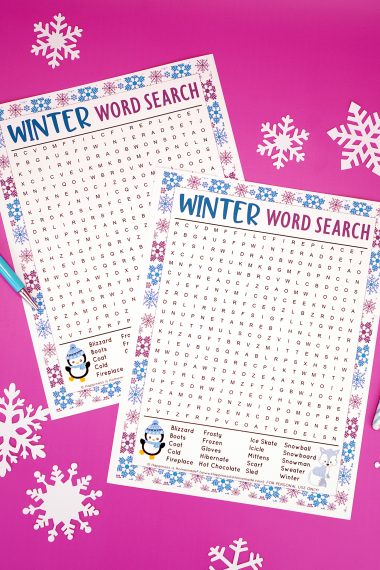 Two Winter word search printables on purple background with snowflakes and blue pens