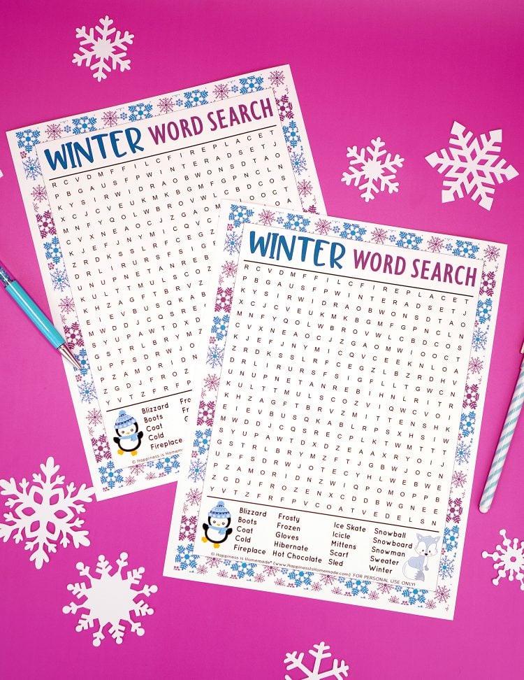 Two Winter word search printables on purple background with snowflakes and blue pens