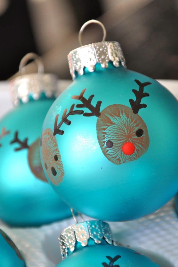 thumbprint reindeer on christmas ornament bulbs