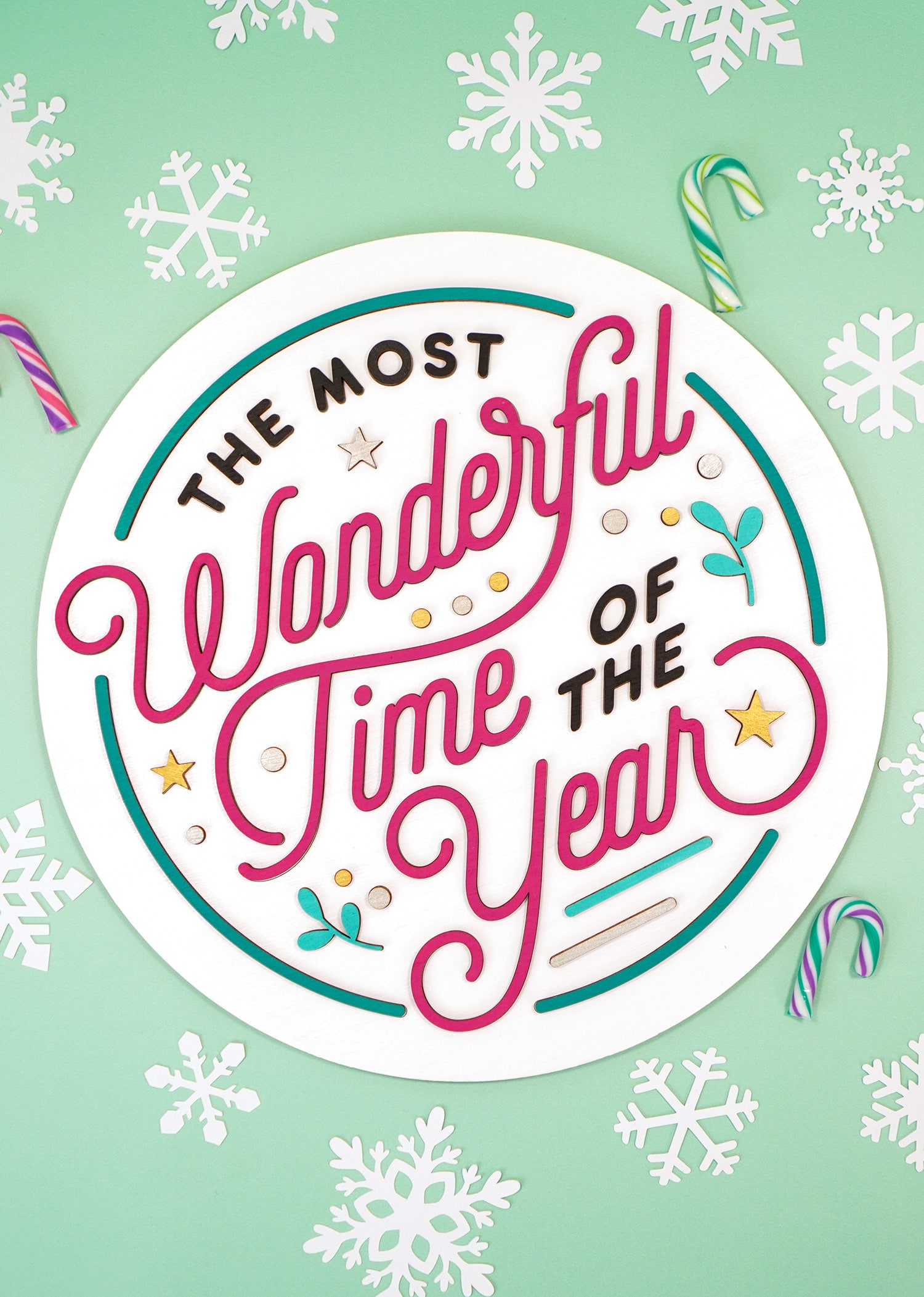 \"The Most Wonderful Time of the Year\" Laser Cut Wood Sign on mint green background 