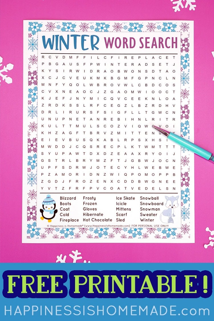 winter word search printable with pen and snowflake confetti