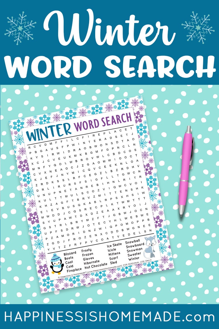 winter word search printable with pen and snowflake confetti