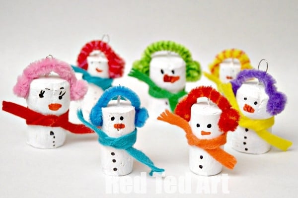 DIY cork snowmen with brightly colored scarves