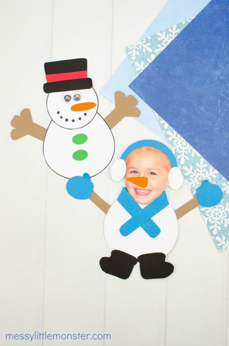 snowmen made from paper with picture of kids face as snowman head