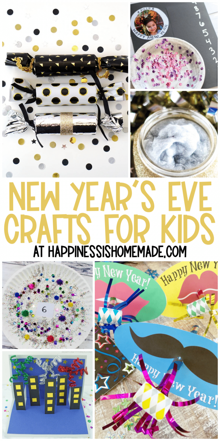 Collage of New Year's Eve crafts for kids