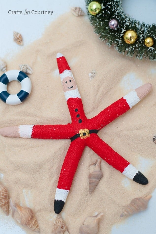 star fish santa in sand with beach items