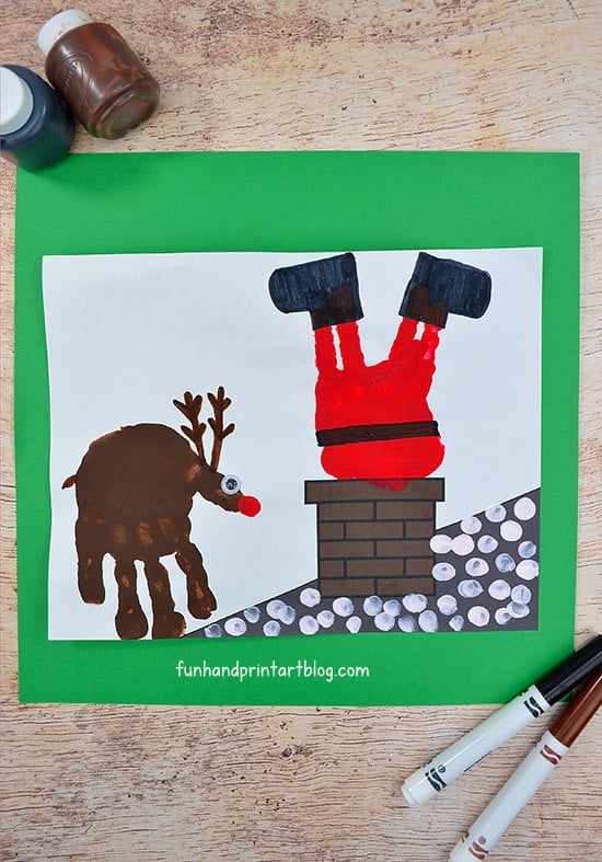 santa backwards coming down chimney with reindeer handprint craft