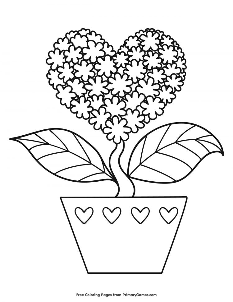 heart shaped flower in pot coloring page