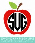 Graphic of Apple SVG File and Monogram with "SVG, DXF, PNG, and JPG" text