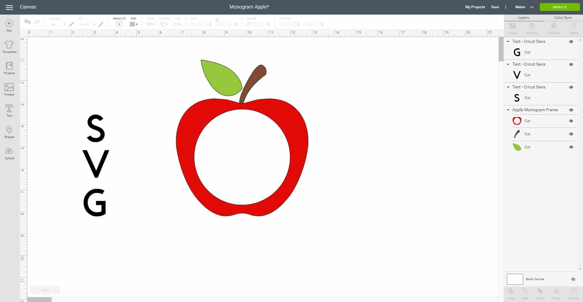 cricut design space with apple monogram design and unformatted text