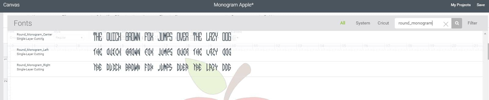 cricut design space with apple monogram design and different texts