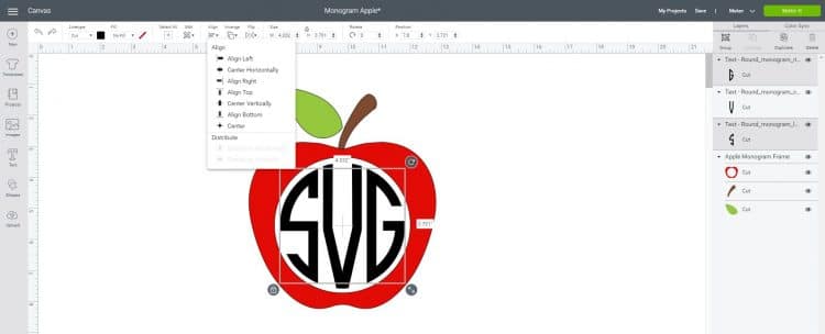 cricut design space with apple monogram design and placement 