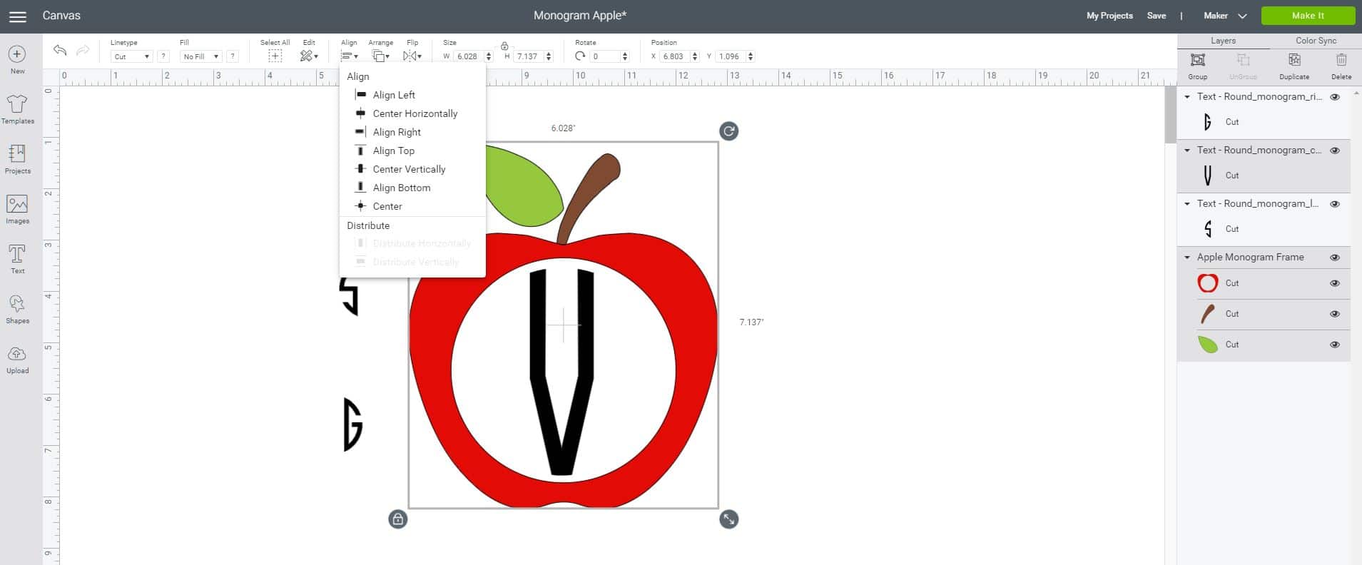 cricut design space with apple monogram design and placement