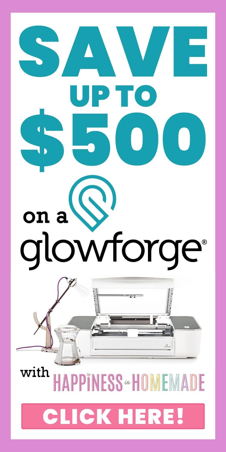 Glowforge coupon code discount code graphic - Glowforge machine and "Save Up to $500!" text with Glowforge referral code