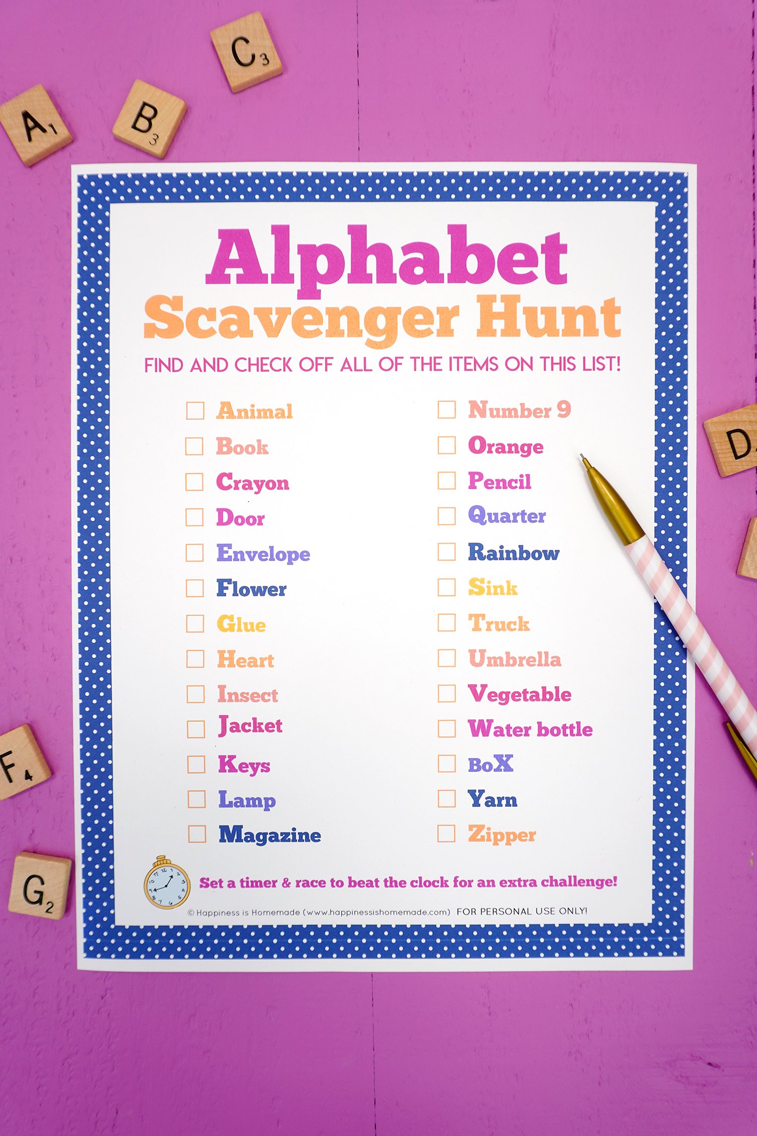 Alphabet scavenger hunt printable on purple background with pink pencil and ABC alphabet Scrabble tiles