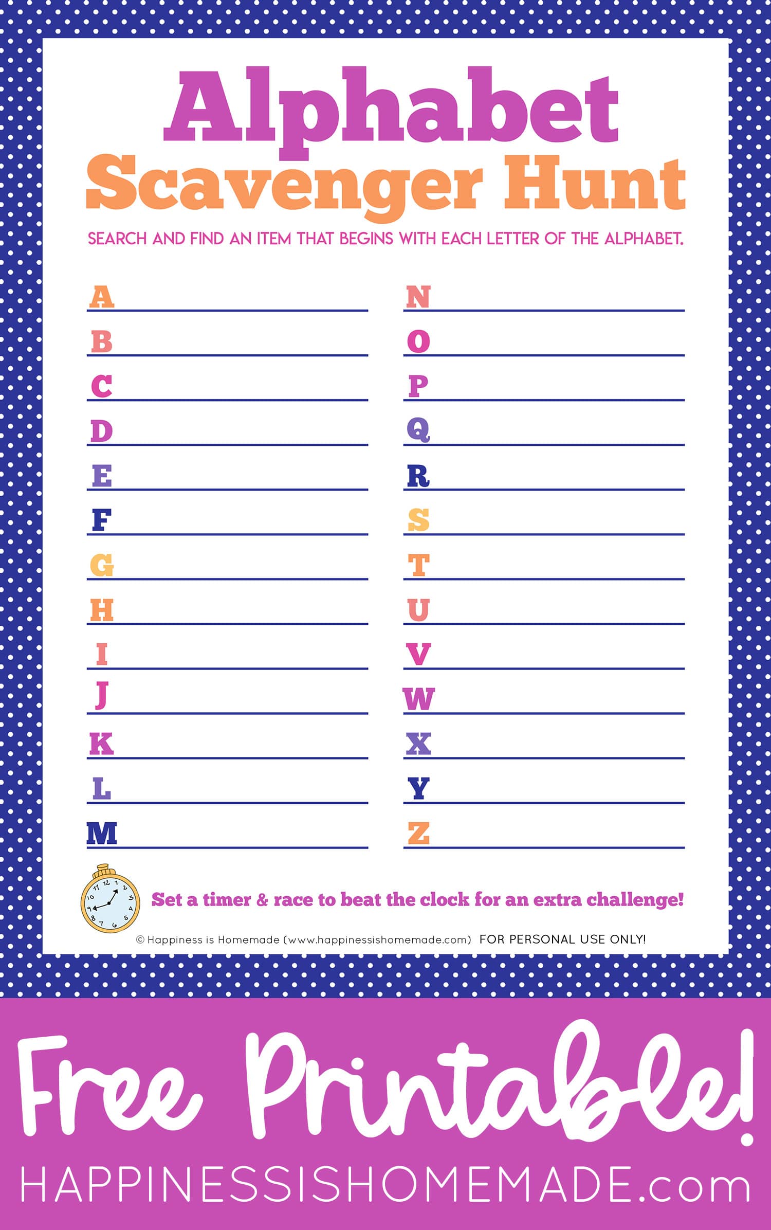 Alphabet scavenger hunt printable graphic with "Free Printable!" text