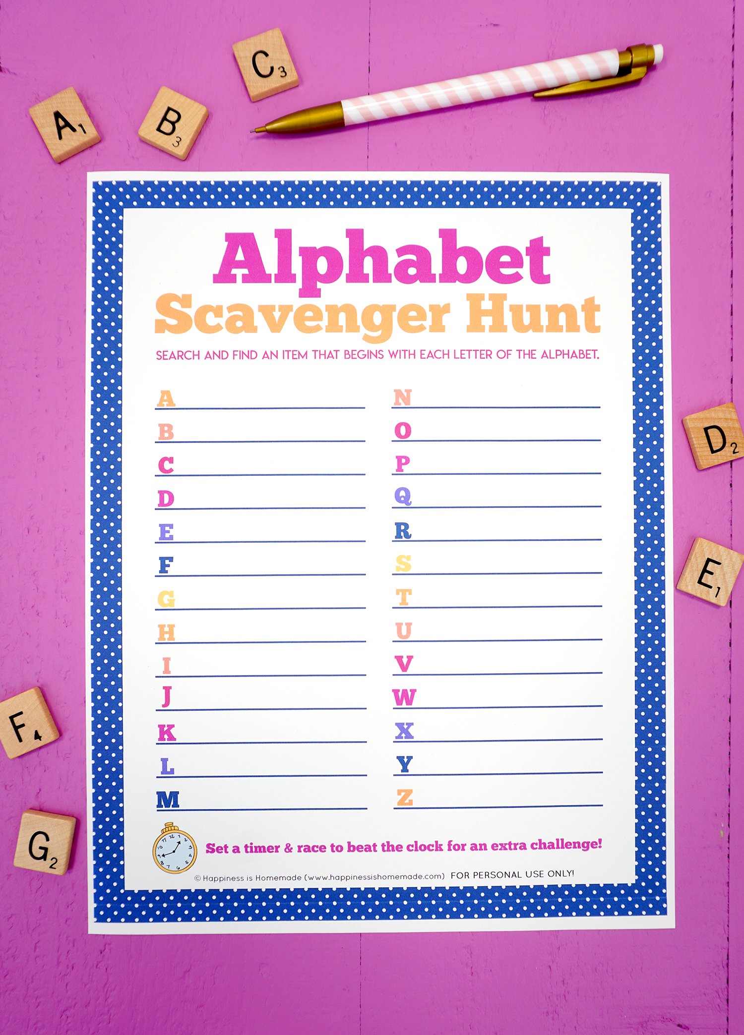 Alphabet scavenger hunt printable on purple background with pink striped pencil and ABCDEFG Scrabble tiles