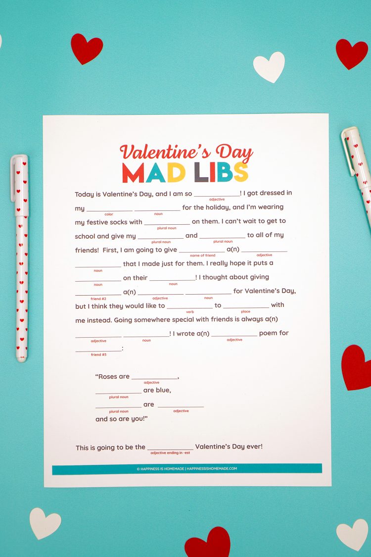 Valentine's day mad libs on blue background