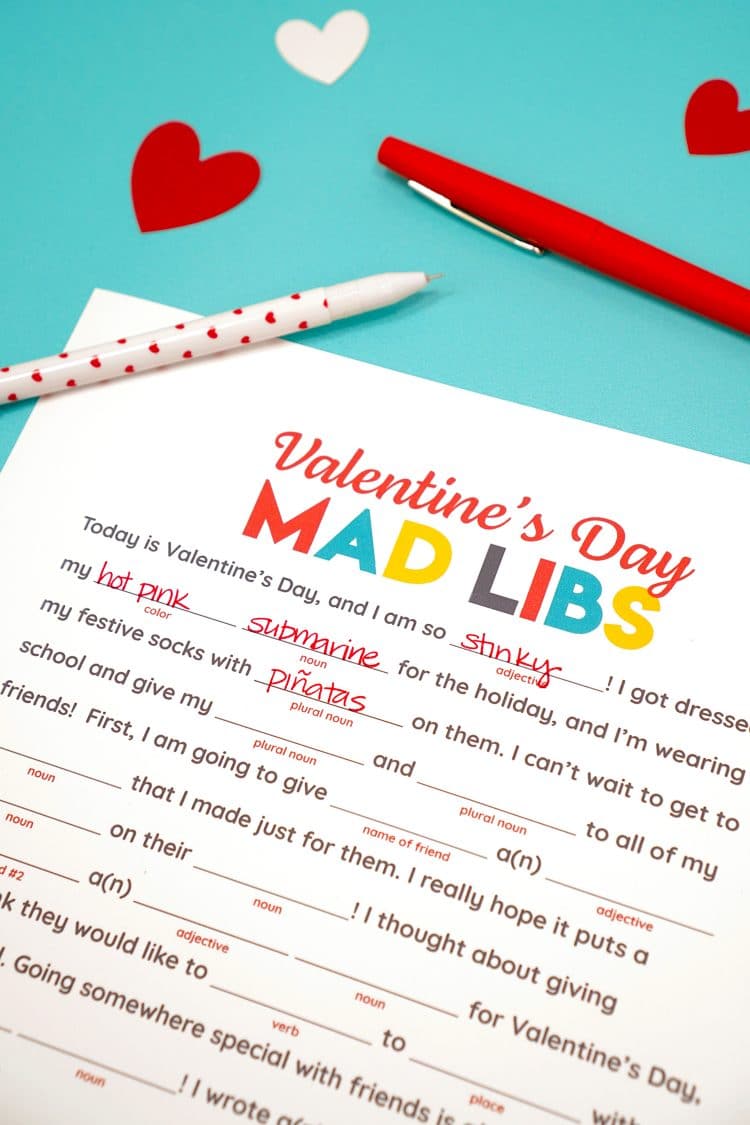 Close-up of Printable Valentines Day Mad Libs with hearts