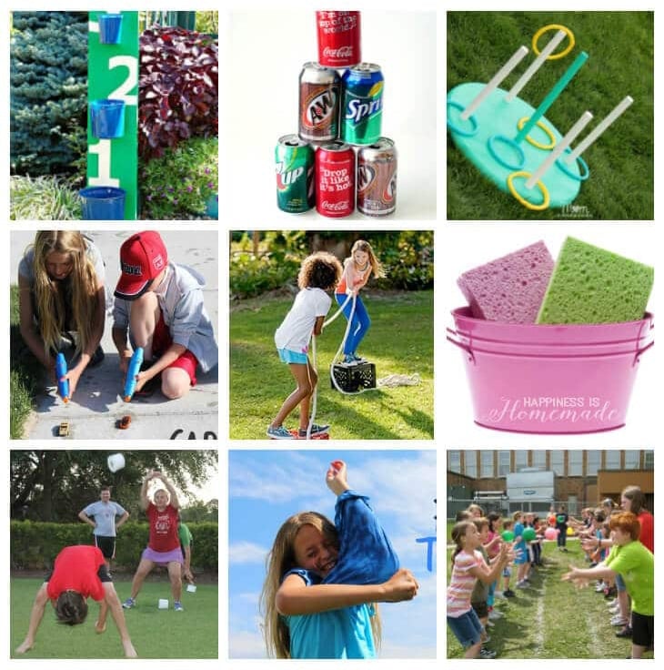 collage of outdoor summer minute to win it party games