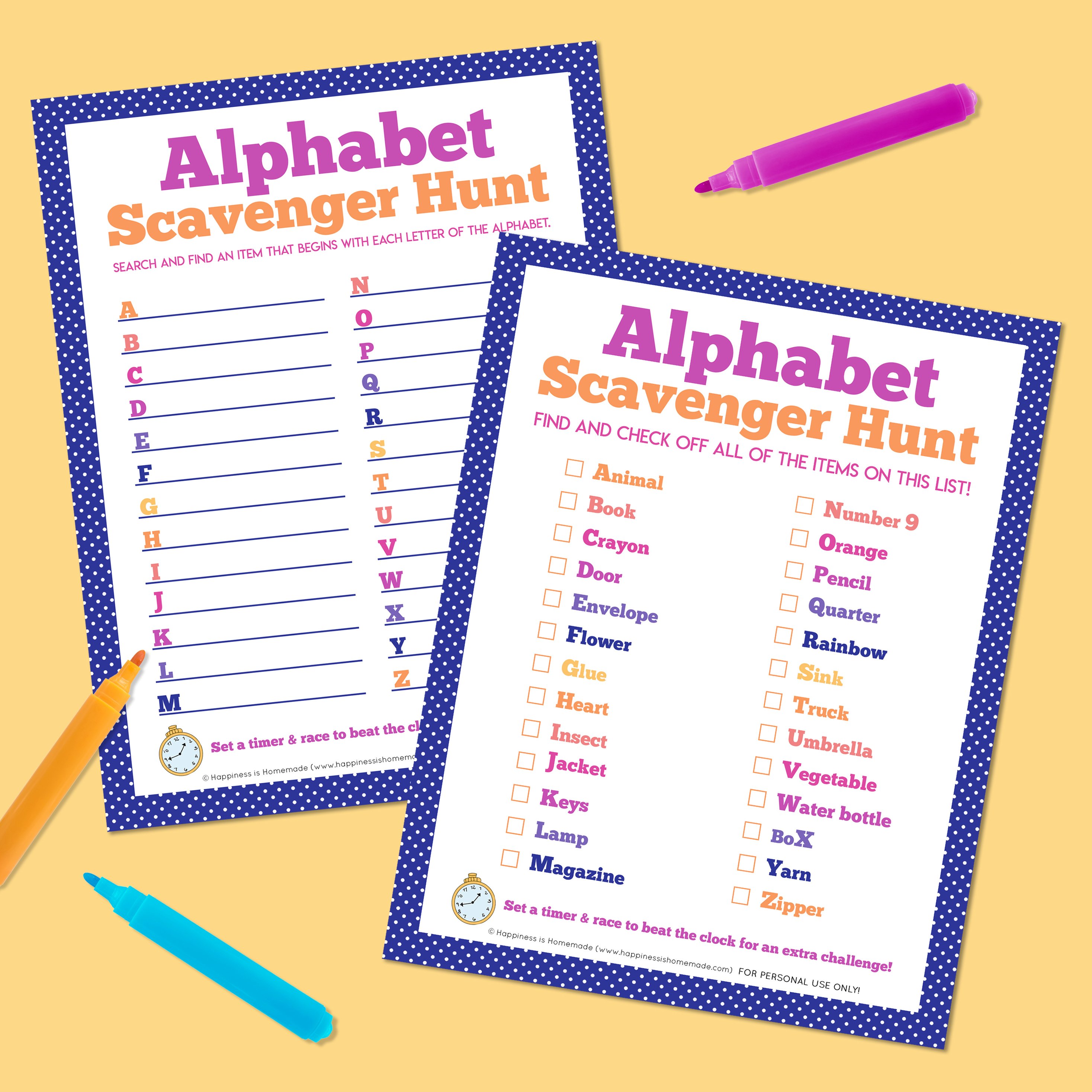 Two printable alphabet scavenger hunt games on a yellow background surrounded by orange, blue, and magenta markers
