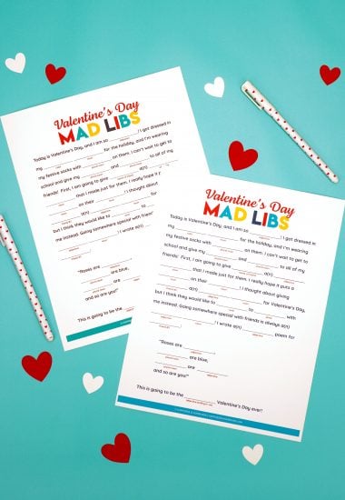 Valentines Day Mad Libs on turquoise background