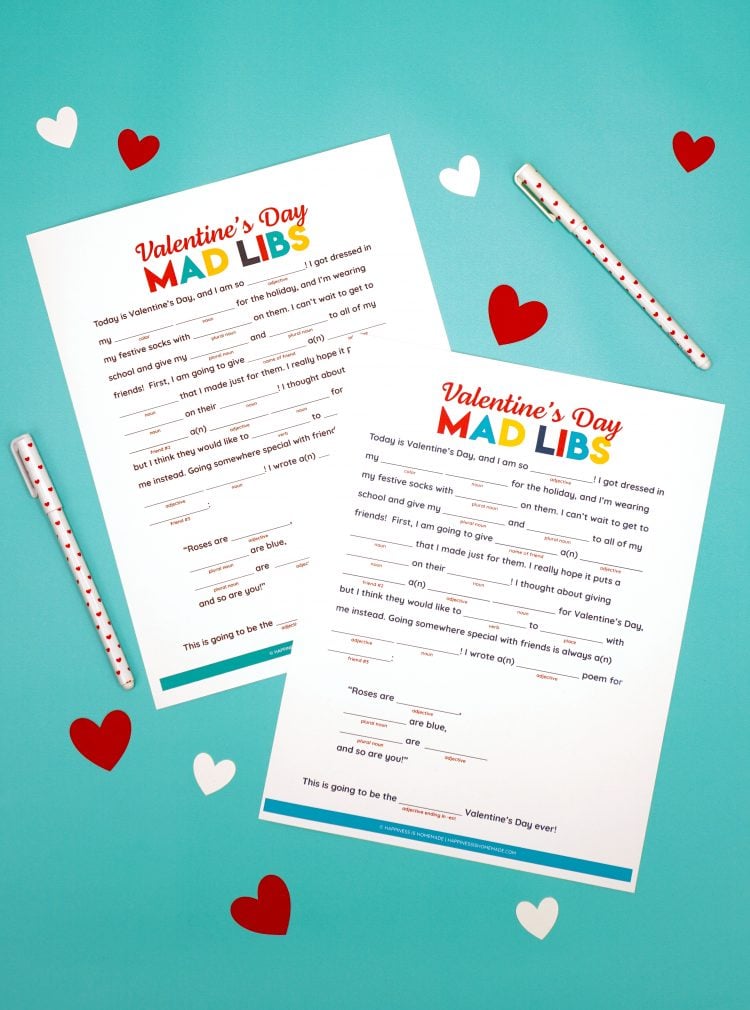 Valentines Day Mad Libs on turquoise background