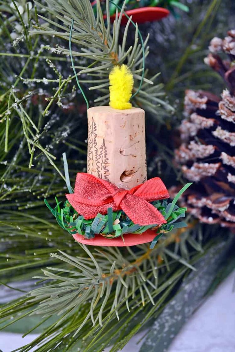 wine cork made into lit candle christmas tree ornament