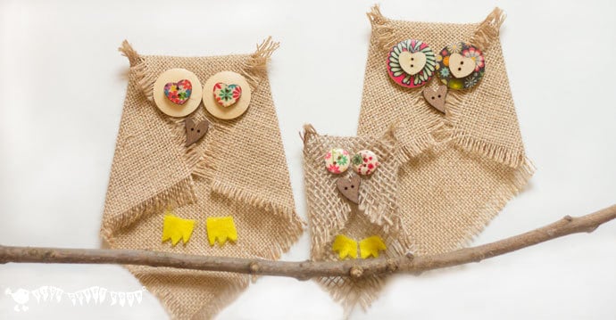 burlap owls perched on branch