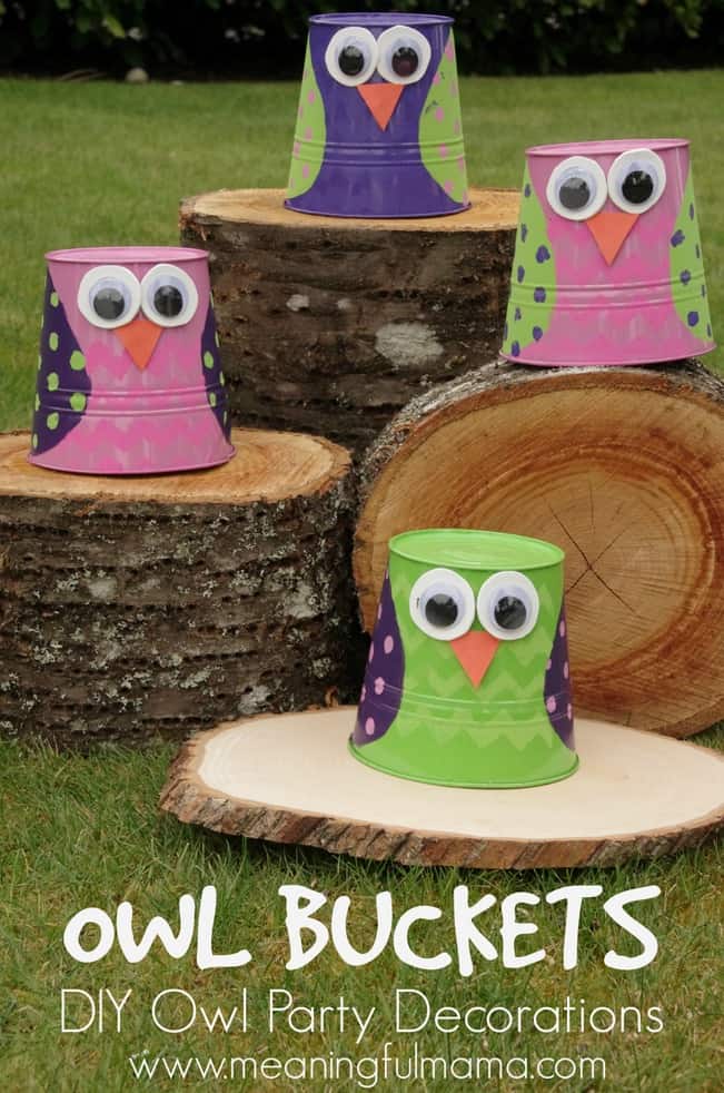 buckets made to look like owls perched on logs