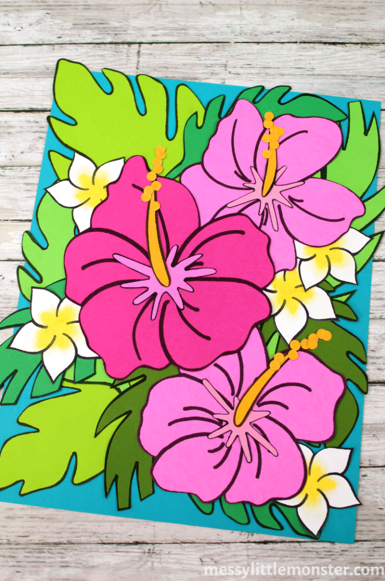 tropical paper flowers glued to picture