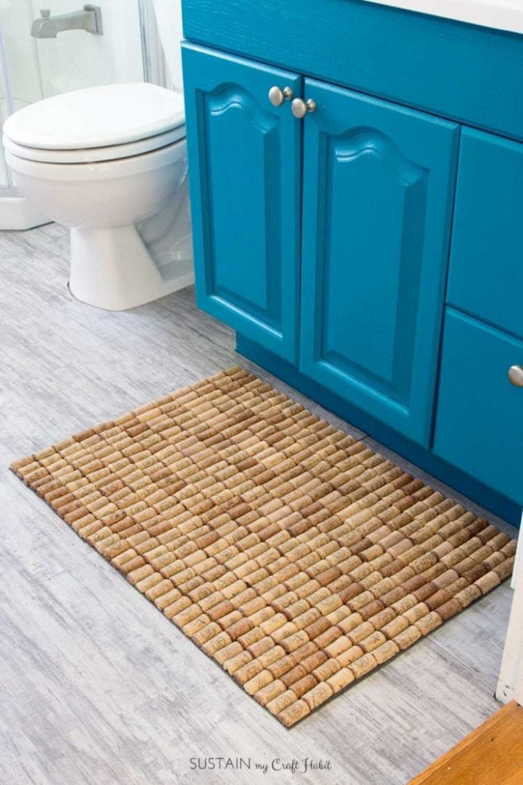 wine cork bathmat in bathroom