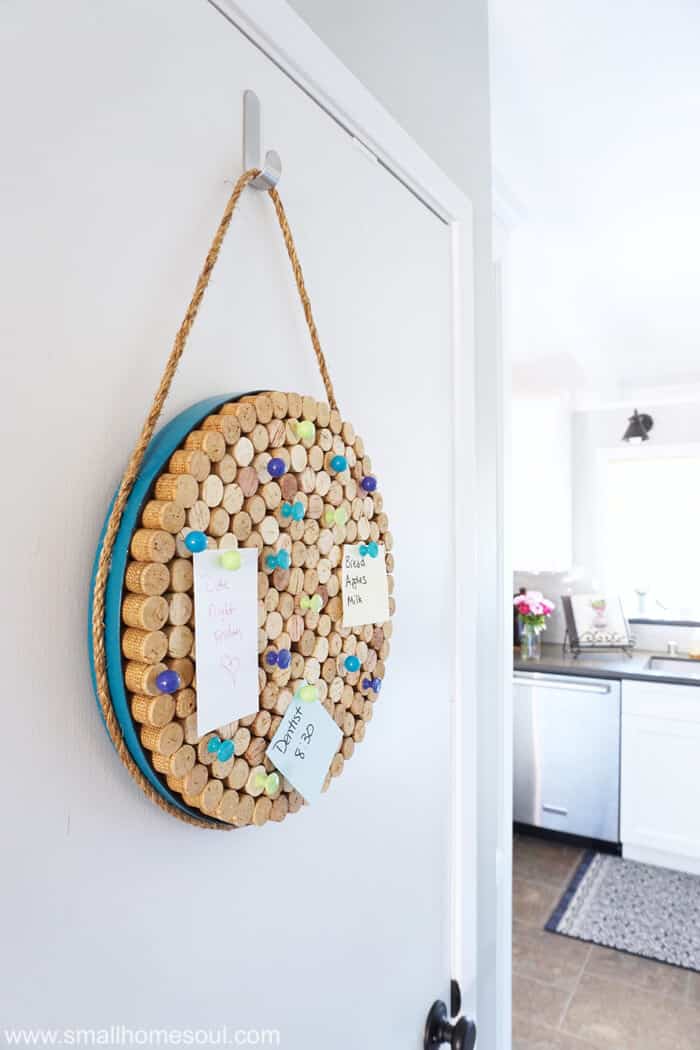 wine cork bulletin board craft hanging in kitchen