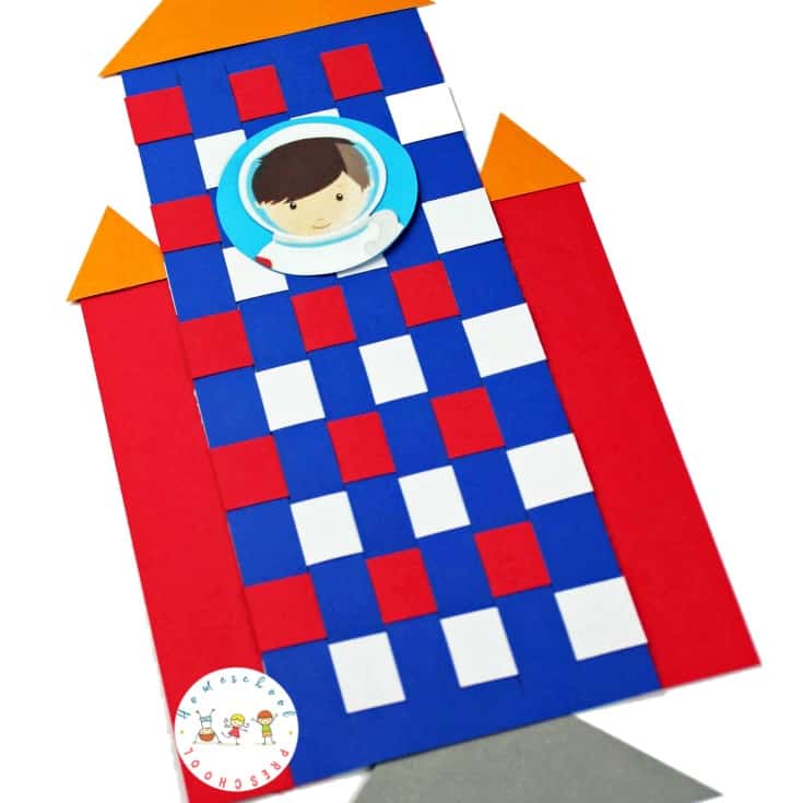 paper weaving craft for kids with kid in rocket 