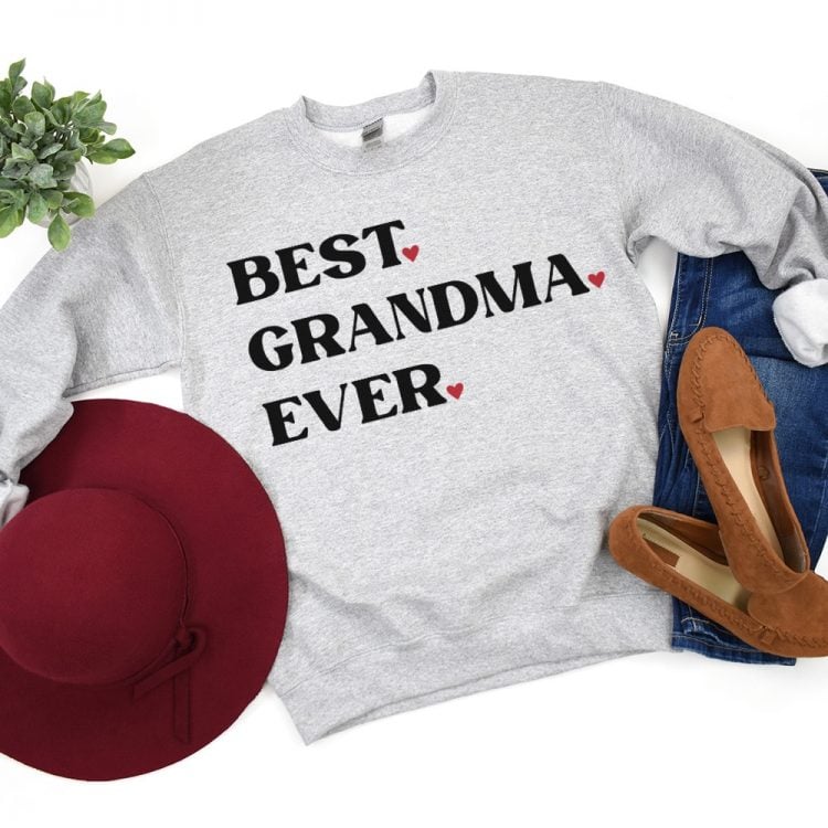 best grandma ever svg file on sweatshirt styled with accessories