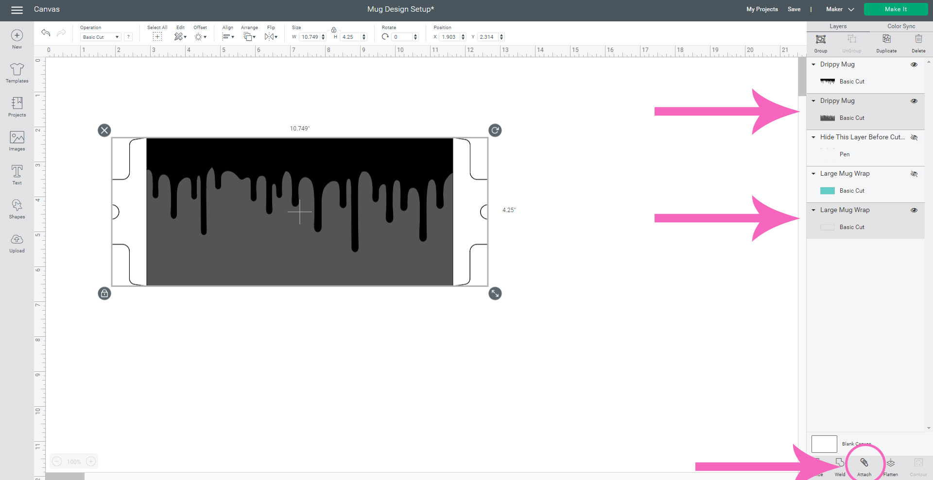 attach layers of drippy mug in cricut design space