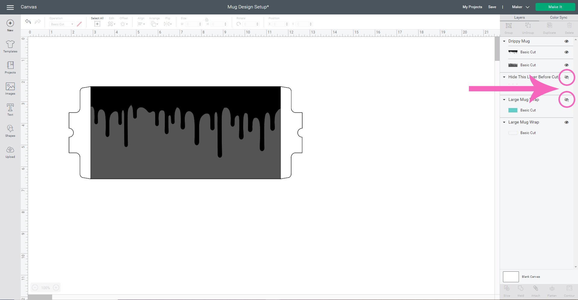 hiding unused layers of drippy mug in cricut design space