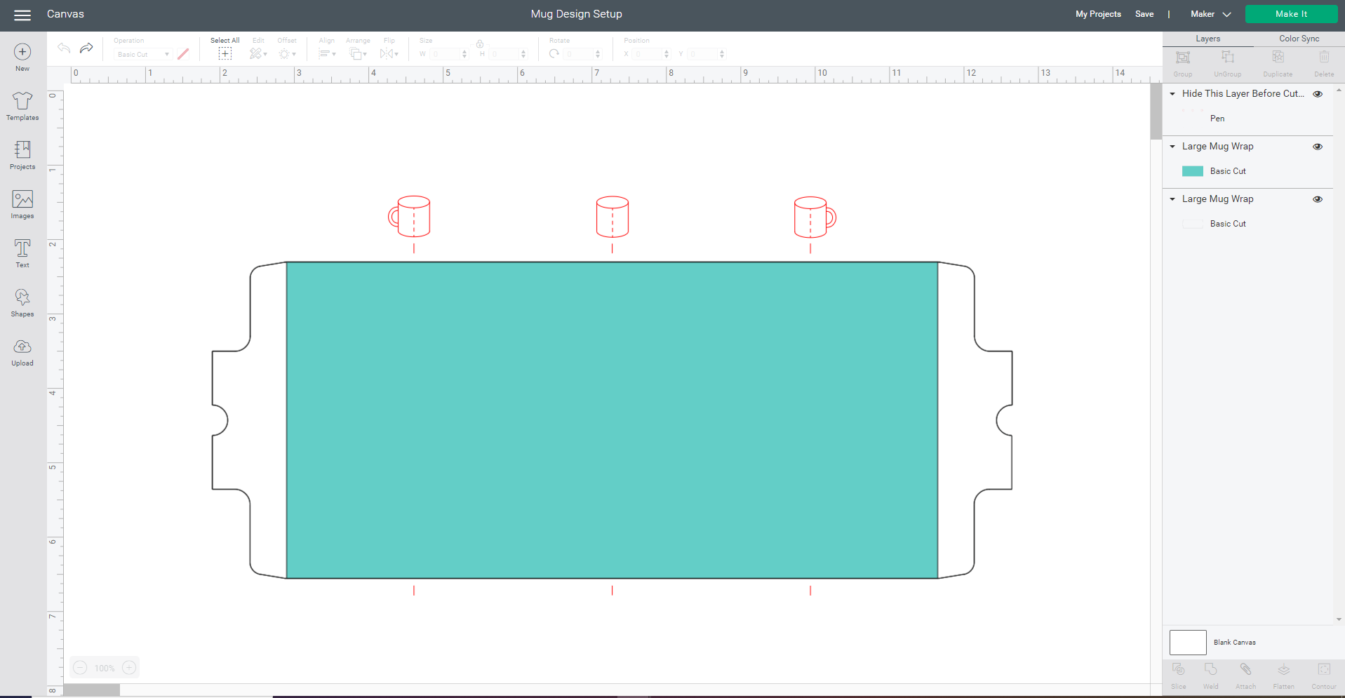 Cricut Design Space screenshot - Mug Design Setup canvas