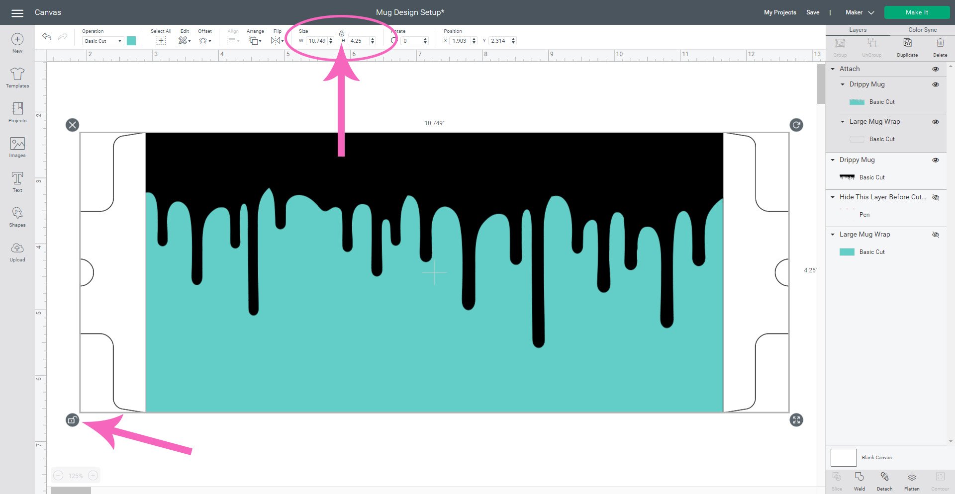 resizing template of drippy mug in cricut design space