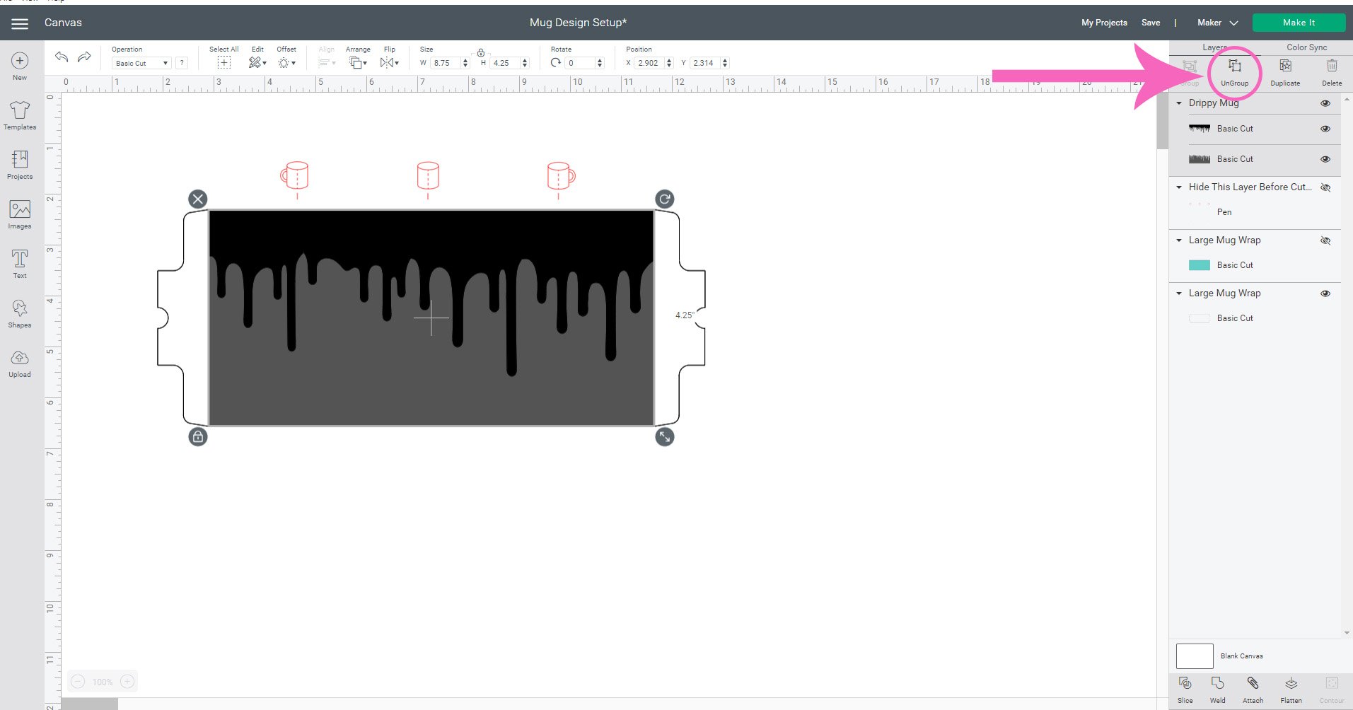 ungroup drippy mug in cricut design space