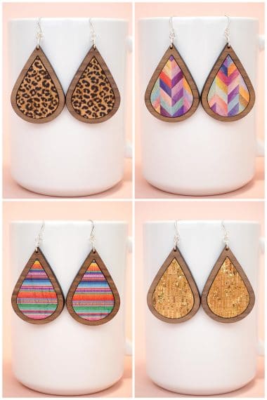Collage image of four different patterns of cork and laser cut wood earrings displayed
