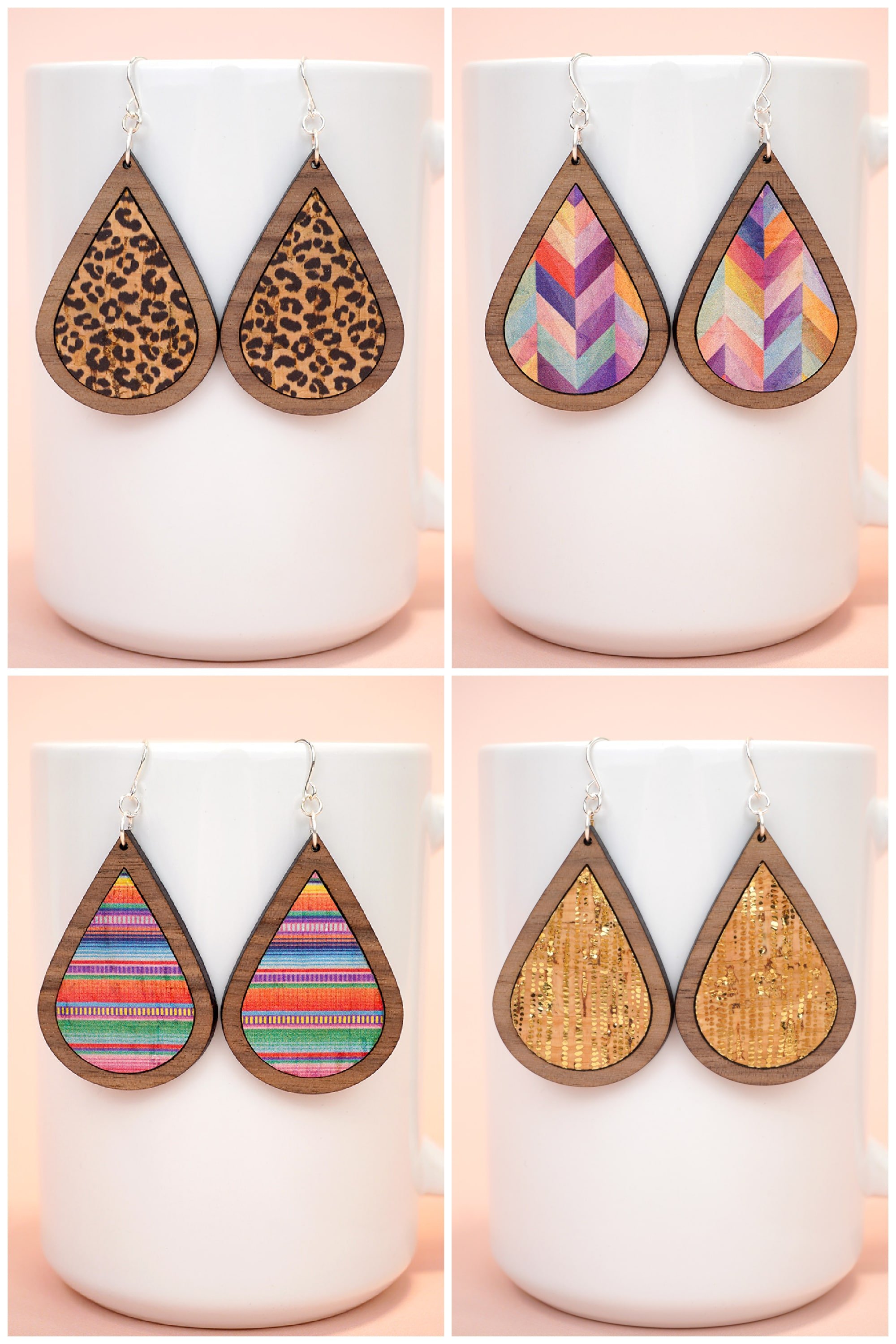 Laser Cut Wood Earrings with Cork Inlay