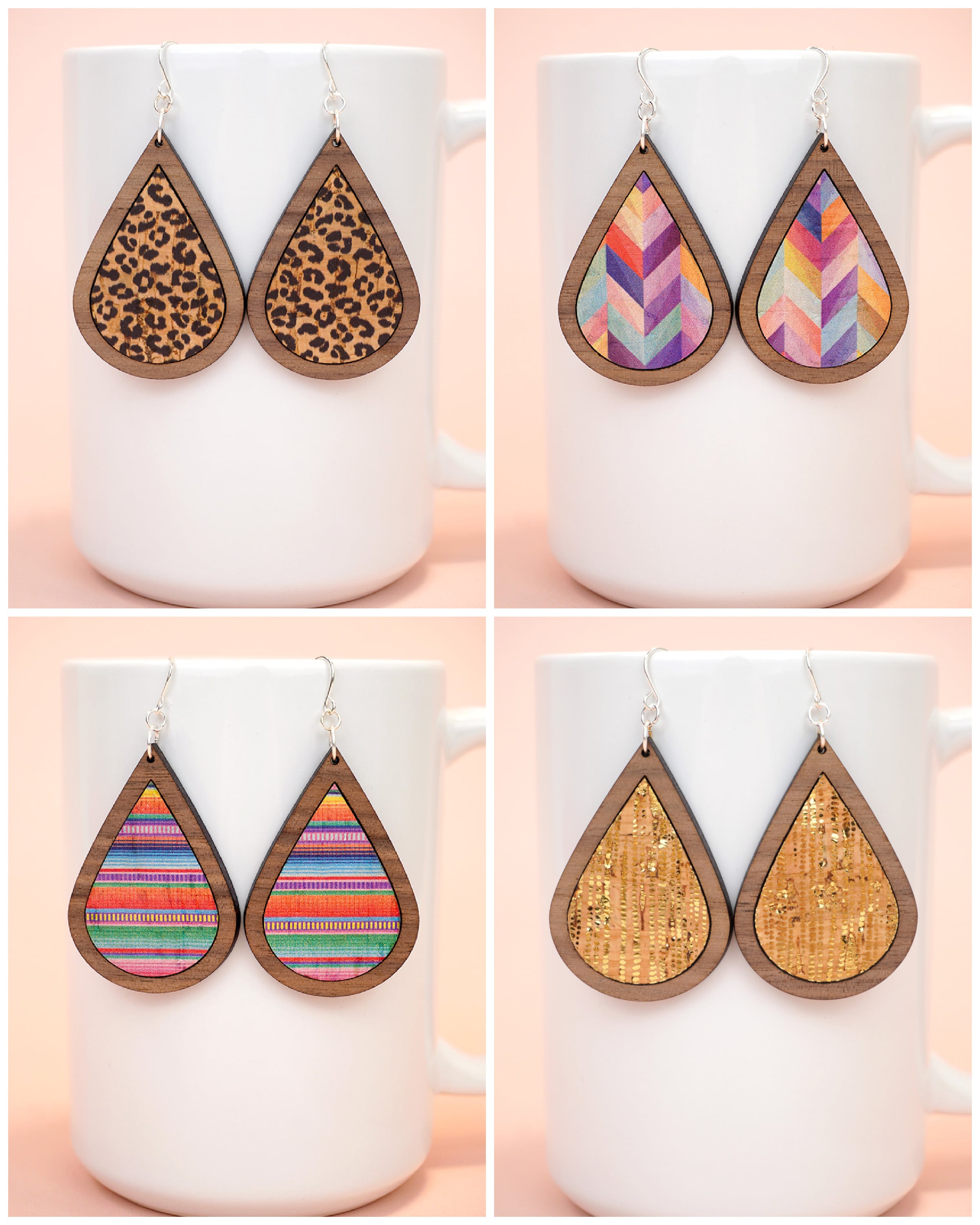 Collage of four styles of cork and laser cut wood earrings - leopard print, colorful herringbone, metallic gold, and colorful serape print. 