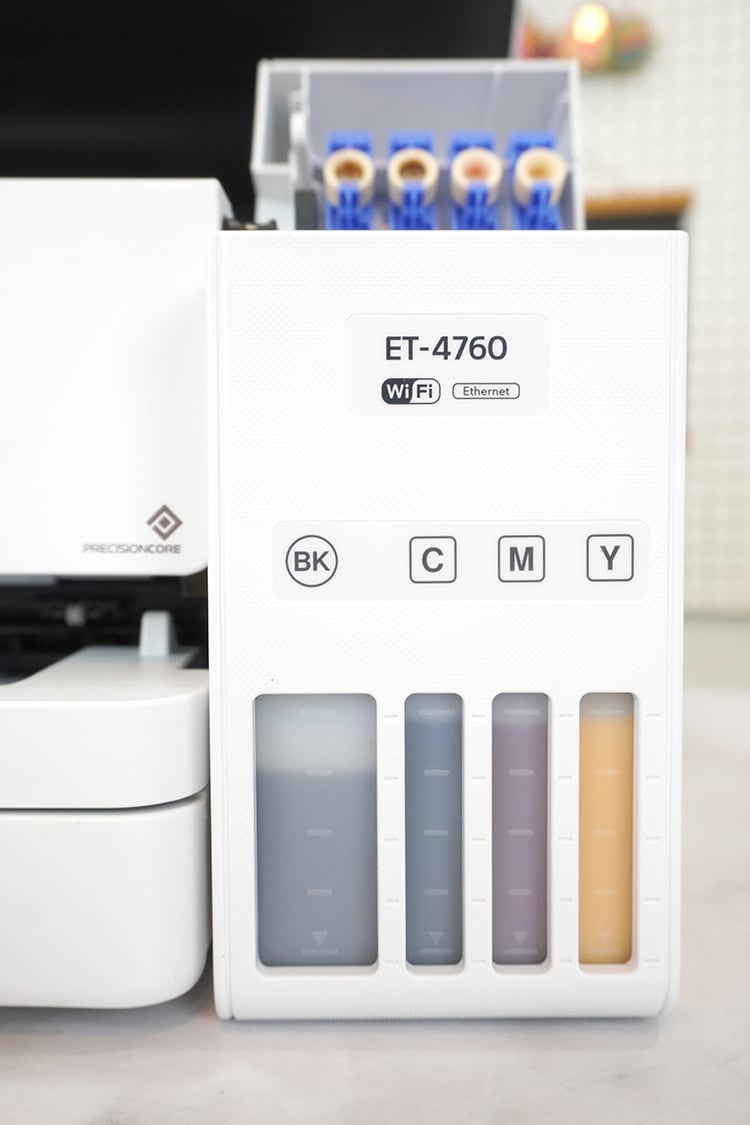 Close up of Epson EcoTank 4760 ink tank levels