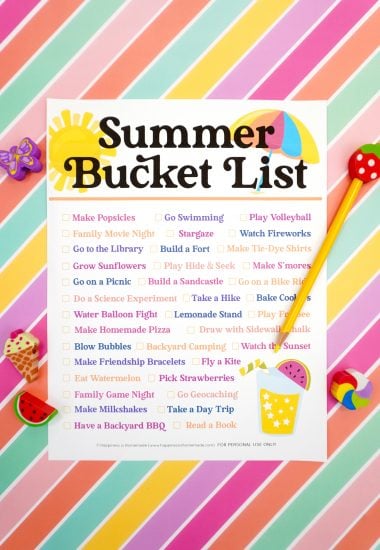 Summer Bucket List printable on a colorful striped background with yellow pencil and summer novelty erasers