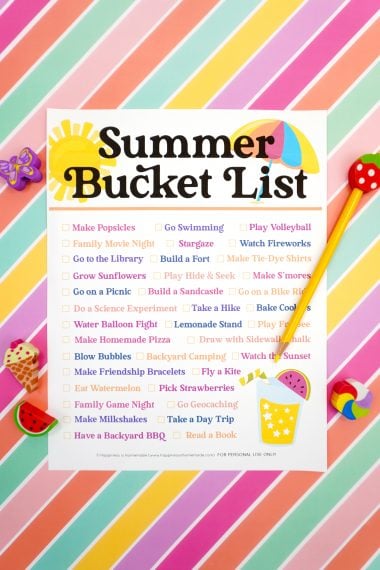 Summer Bucket List printable on a colorful striped background with yellow pencil and summer novelty erasers