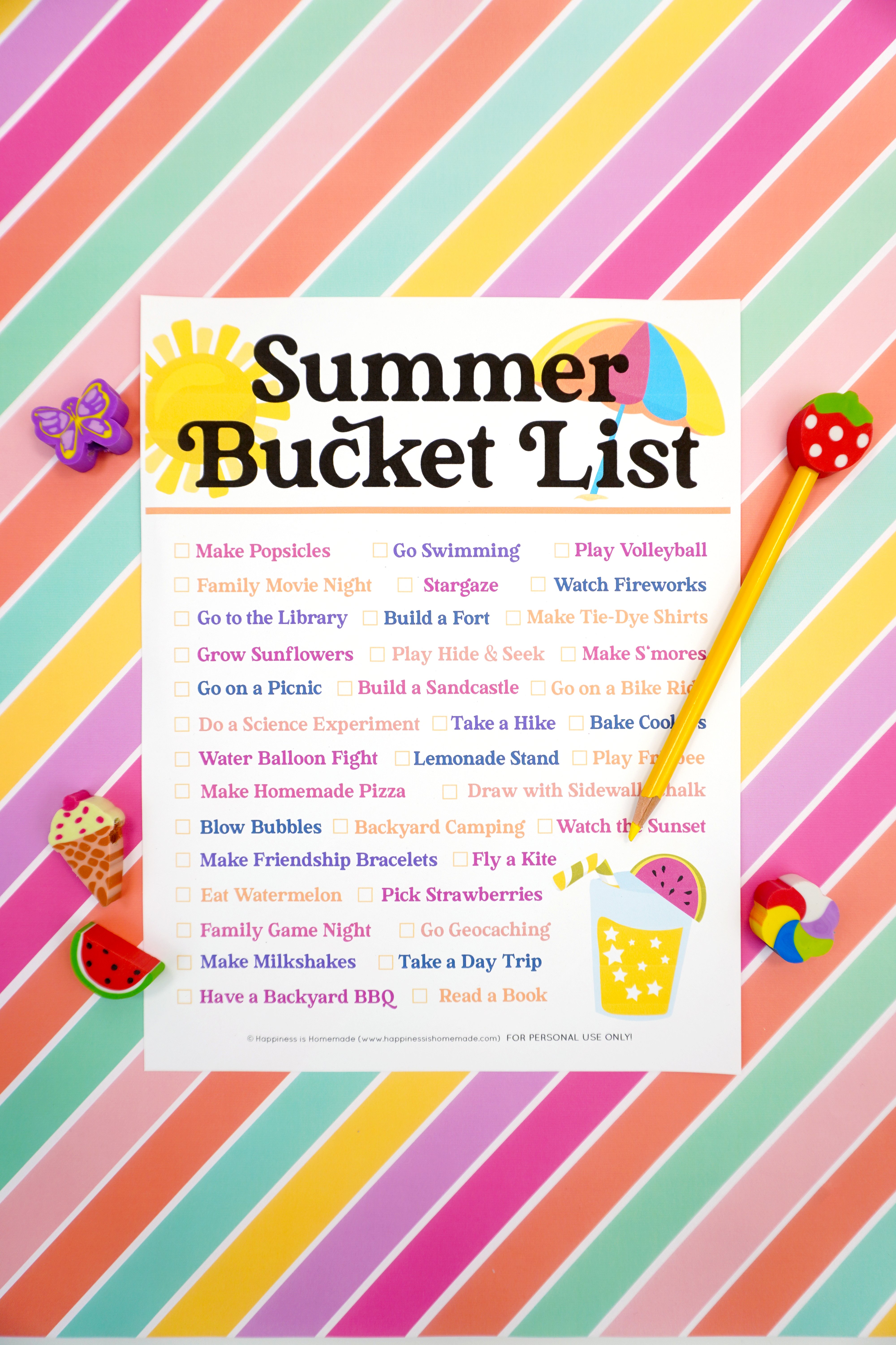 Summer Bucket List printable on a colorful striped background with yellow pencil and summer novelty erasers