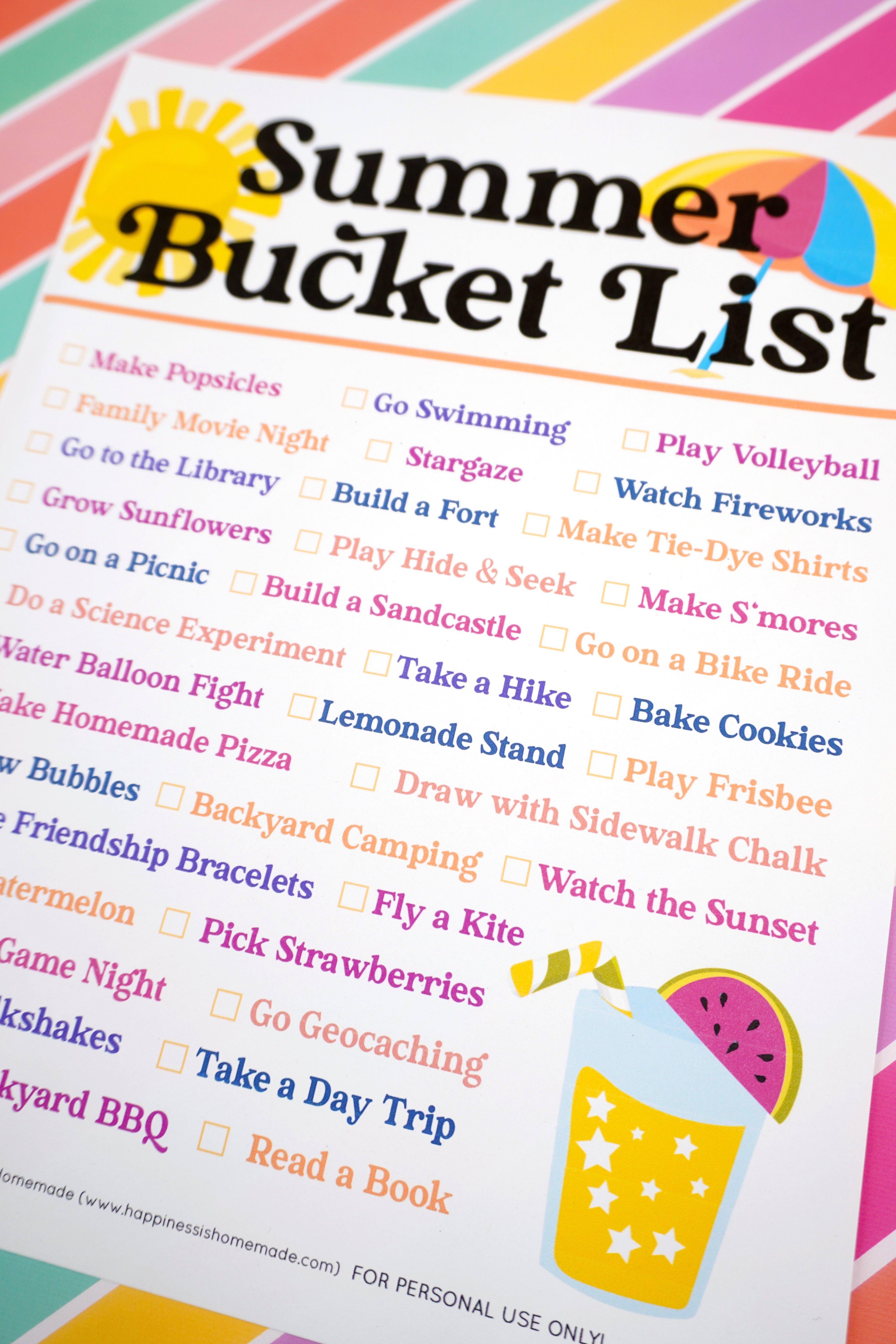 Colorful Summer Bucket List printable on top of a striped background